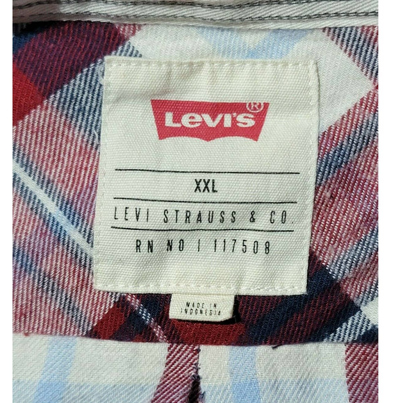 EUC Levi's Men's Red White Plaid Cotton Flannel Button Down Shirt XXL 2XL - Picture 4 of 6